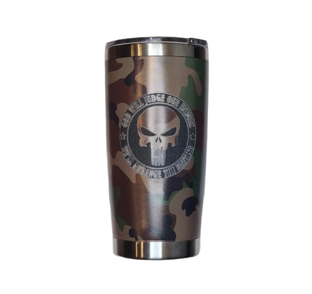 "Punisher Skull God Will Judge" Woodland 20oz Tumbler