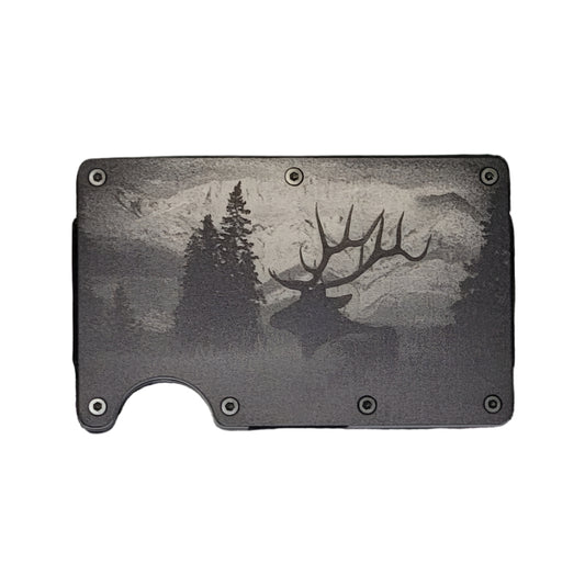 "Bedded Elk in Mountains" Black Slim Metal Wallet with money band